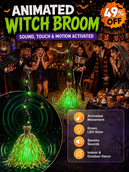 Animated Halloween Witch Broom with Lights, Sound and Motion Decor