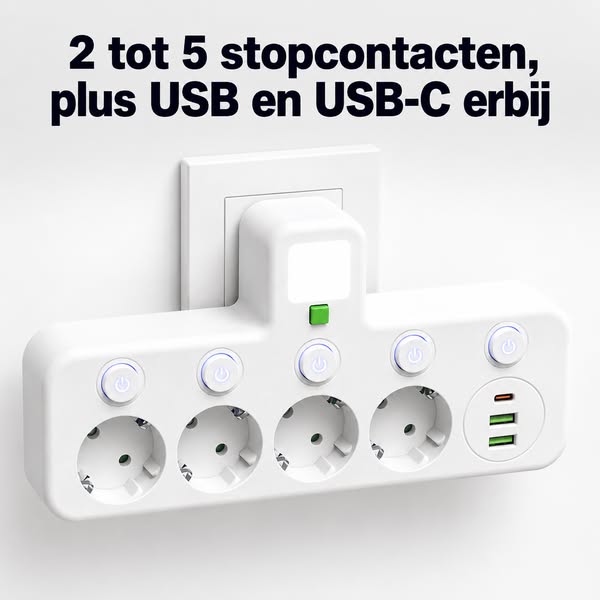 PlugMaster Connect – Stekkerdoos met USB & USB-C + Nachtlampje