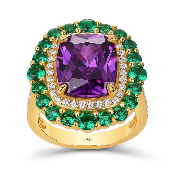 Cushion Amethyst Sterling Silver Gold Halo Engagement Ring