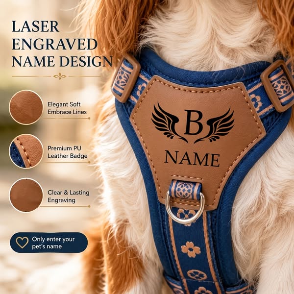 Personalized Name Dog Harness Vest, No-Pull, Anti-Escape, Breathable Mesh with Wing Print, Adjustable Vest-Style Leash System, Hand Washable