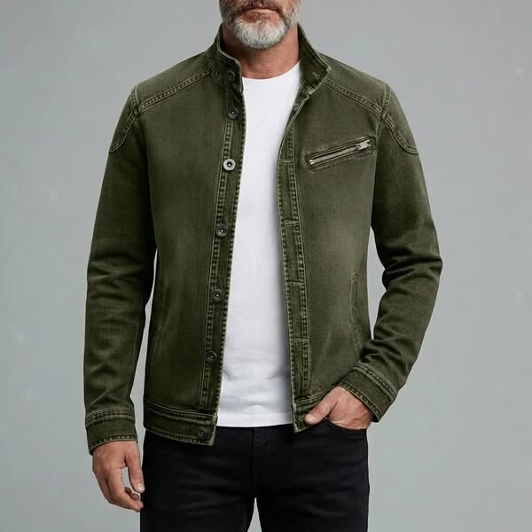 Men's Solid Color Stand Collar Single Breasted Zipper Pocket Slim Denim Jacket