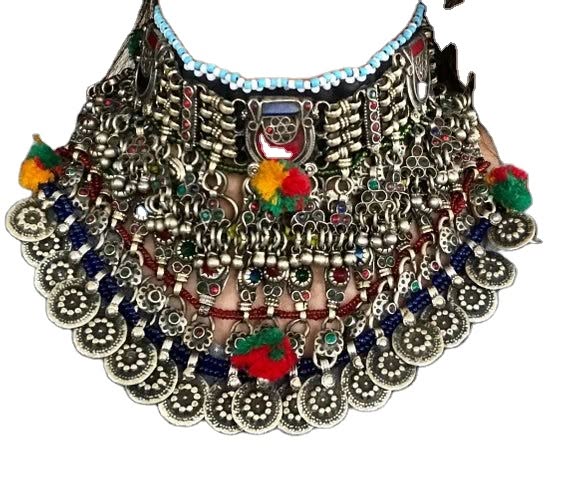 Afghan Kuchi Tribal Chokar Vintage Gypsy Handmade Coins Pendant Necklace Multi Color Adjustable Size Wedding & Daily Use