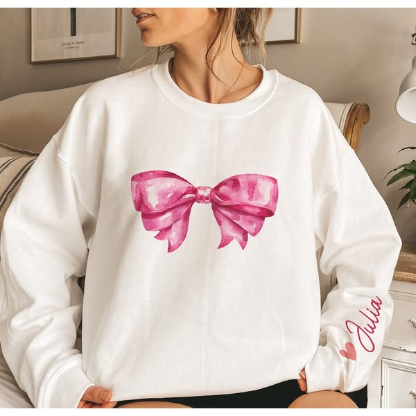 Custom Name Coquette Pink Bow Ribbon Trendy Style - Personalized Sweatshirt