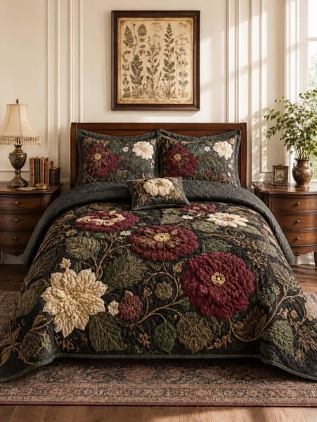 Dark Botanical Quilted Bedding Set