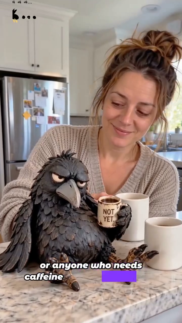 Grumpy Coffee Raven Figurine – “Not Yet” Funny Morning Decor