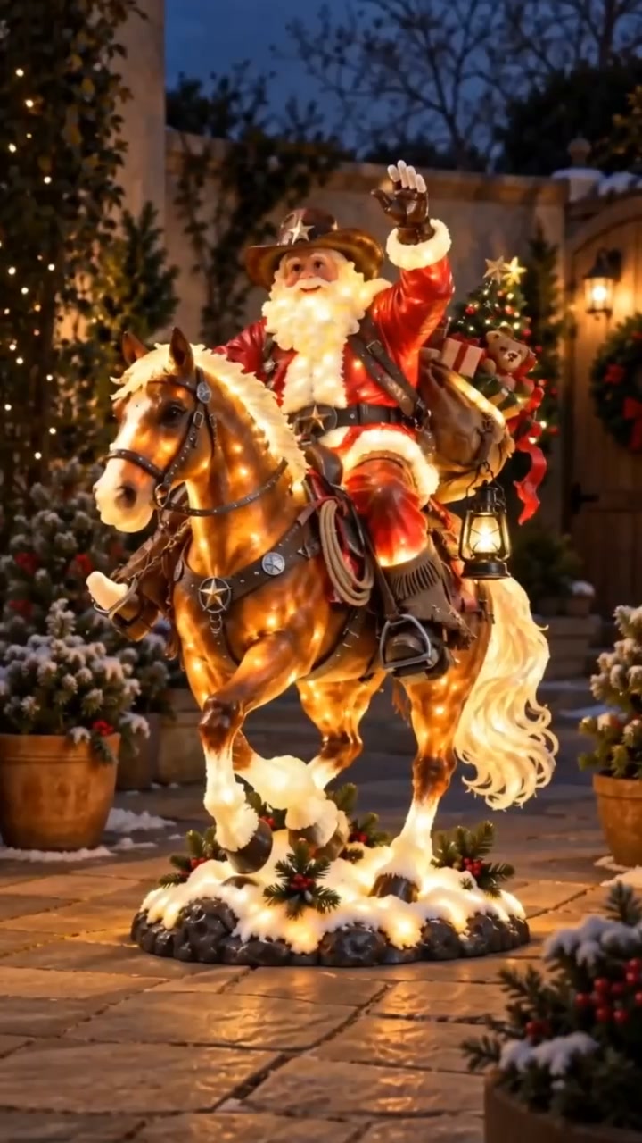 Western Cowboy Santa on Horse Lighted Christmas Statue | Rustic Ranch Holiday Outdoor Décor