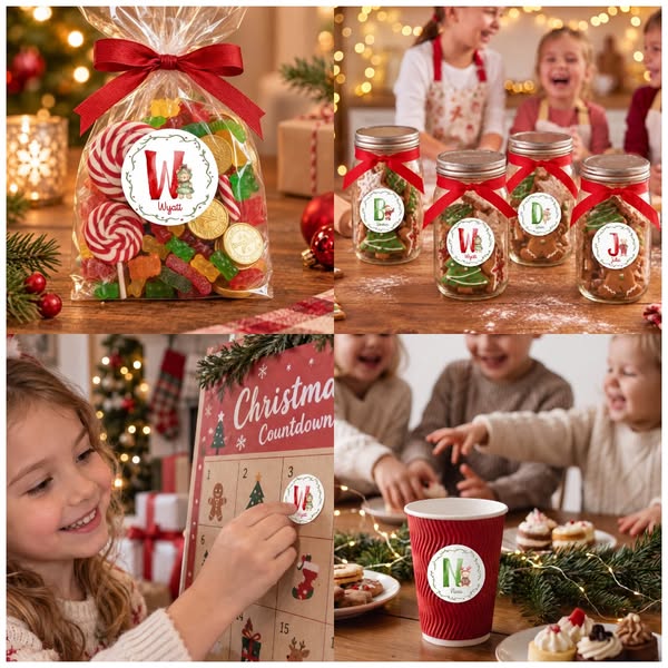 Adesivos redondos personalizados com nome e inicial de urso de Natal, etiquetas para presentes de Natal, decalques para cartões de felicitaç