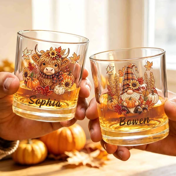Copo de uísque personalizado com nome e desenho de animais da colheita de outono, 300ml, estilo old fashioned, decoração de mesa rústica out