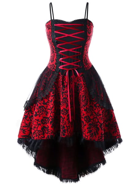 Halloween Gothic Lace Steampunk Dress - Red / S