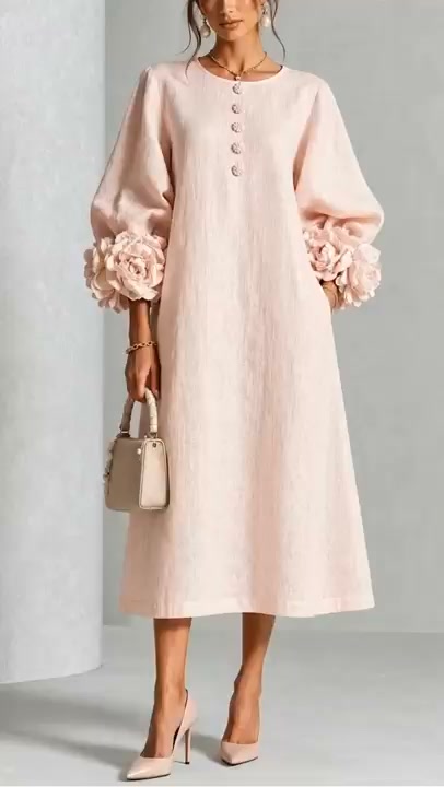 Abito midi con polsini floreali e bottoni