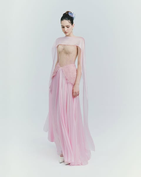 Sheer Lace Corset Gown With Draped Shawl