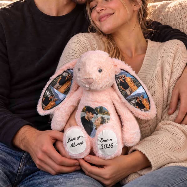 Coelho de pelúcia personalizado com 1 a 4 fotos, coelho macio com orelhas escondidas, presente ideal para relacionamentos à distância, anive