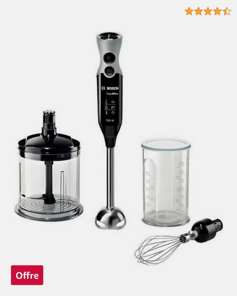 Bosch ErgoMixx Mixeur plongeant MSM67160 750 W avec hachoir et bol doseur et batteur, 12 niveaux de puissance et bouton turbo Noir/gris