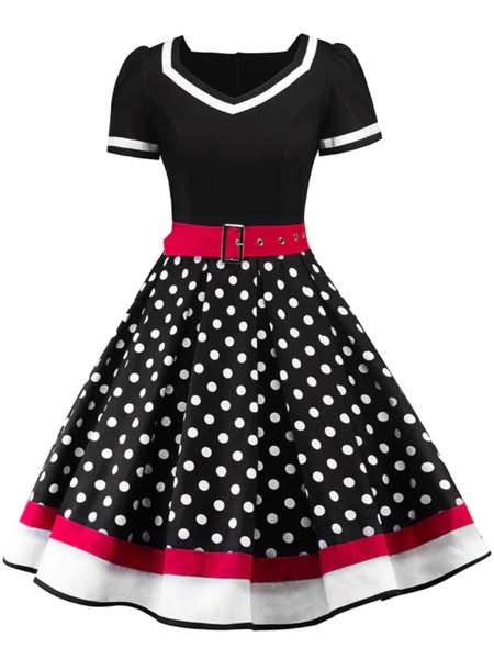 1950s Polka Dot Belted Patchwork Dress - Black / S / 2