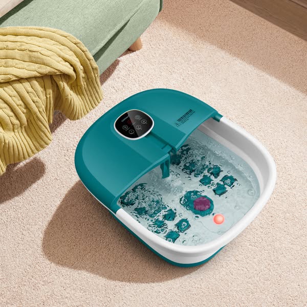 Massajador de Pés Dobrável com Banho de Pés Aquecedor com Controlo Remoto Caixa de Rolos de Massagem de Bolhas 33,5 x 41 x 20,5 cm Verde Esc