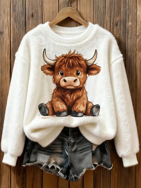 Womens Animal Highland Cow Print Sweatshirt - White / 3XL