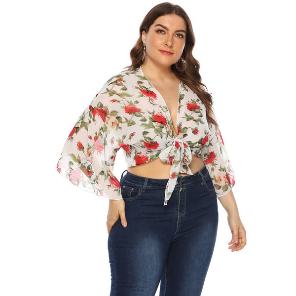 Women White V Neck Print Tie Waist Chiffon Cardigans Bracelet Sleeve