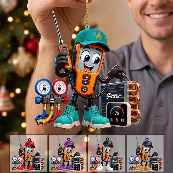 HVAC Digital Meter Mascot Holding Temperature Probe Ornament – Funny Personalized Gift for AC Technicians