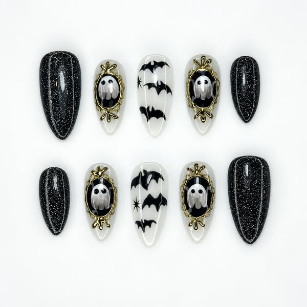 Haunted Mirror Ghost Nails | Gothic Halloween Press Ons | Black Glitter & Bat Nail Art | Handmade Spooky Black Set | OC1143BK