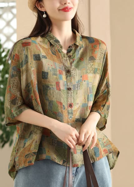 Women Green Peter Pan Collar Print Button Linen Shirt Summer Red-S(Fit for EU 38-40, US 6-8, UK/AU 10-12, IT 42-44)
