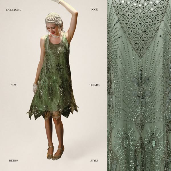 Sage Green Geometric Floral Vintage Flapper Dress