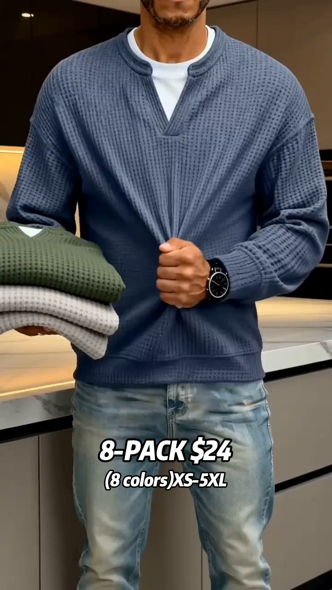 Men's long-sleeved Henley collar polo shirt