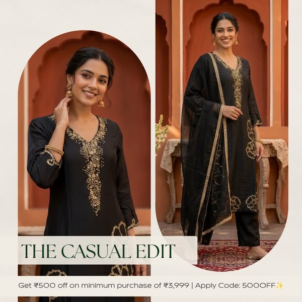 Black Solid Crepe Straight Kurta Set with Floral Hand Embroidery & Sequin, V-Neck, Shantoon Palazzo & Muslin Silk Solid Taping Dupatta