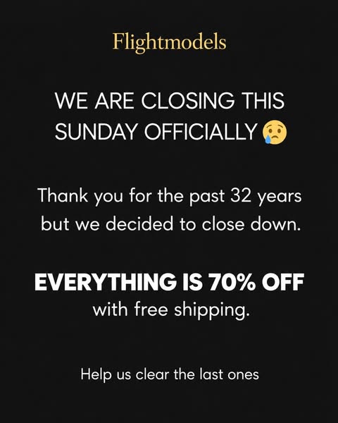 FlightModels Is Closing — Everything 70% Off