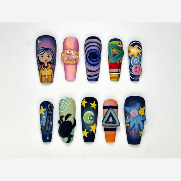 Creepy Cute Cartoon Press On Nails | Handmade 3D Starry Night Nails | Halloween Nail Art | Unique Spooky Nail Set | OA136HC