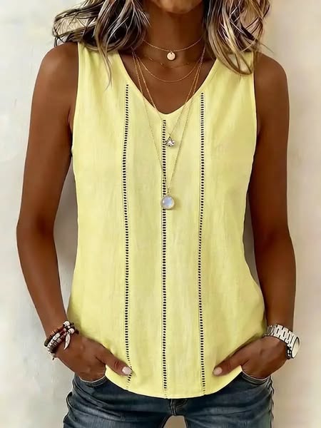 Cotton Linen Hollow Out Detail Relaxed Sleeveless Blouse Yellow-3XL