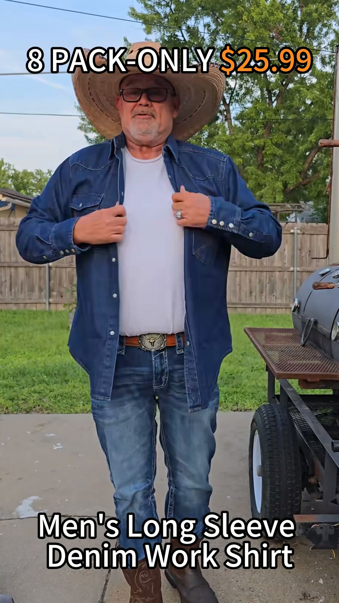 Men's Long Sleeve Washed Denim Work Shirt, Casual Cotton Button Down