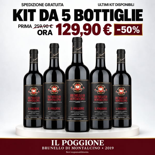 Set da 5 bottiglie di vino rosso: Il Poggione Brunello di Montalcino, 5 × 750 ml