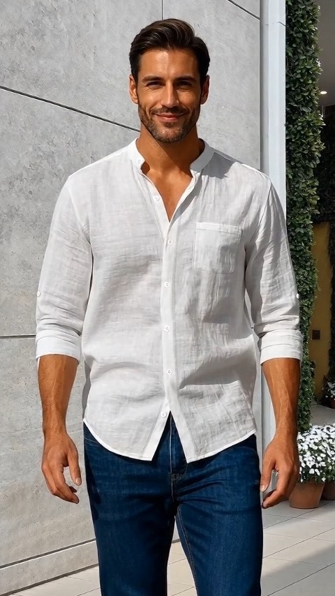 Men's Linen Long Sleeve Stand Collar Shirt