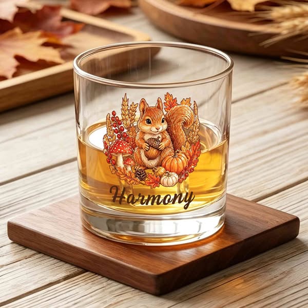 Copo de uísque personalizado com nome e desenho de animais da colheita de outono, 300ml, estilo old fashioned, decoração de mesa rústica out