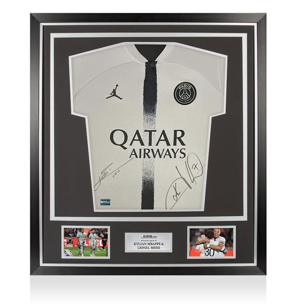 Lionel Messi & Kylian Mbappe Front Signed Paris Saint-Germain 2022-23 Away Shirt In Classic Frame