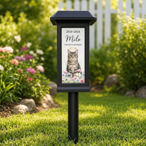 Cherish your furry friend’s memory forever. Personalize this Angel Wing Solar Garden Light with your pet’s photo, name & dates for a mea