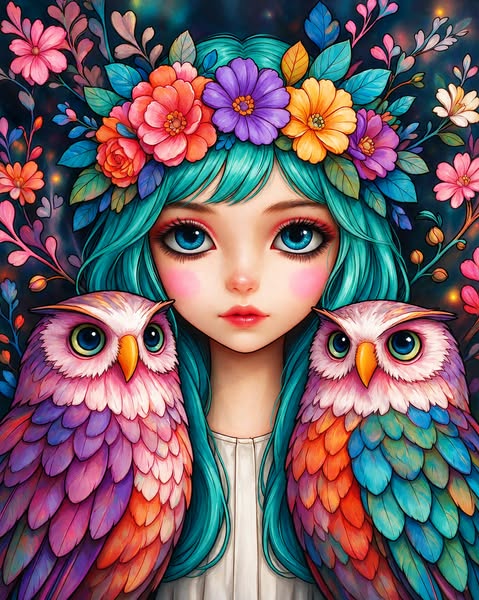 Floral Woman with Owls Diamond Painting Kit