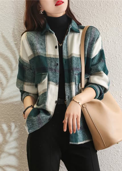 Women Plus Size Green Plaid Peter Pan Collar Cotton Shirt Tops Fall Navy-3XL(Fit for EU 48-50, US 16-18, UK/AU 20-22, IT 52-54)