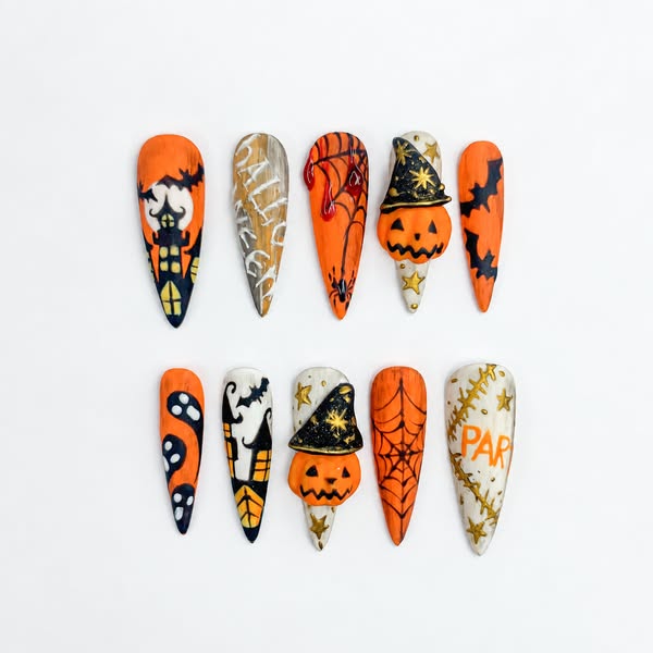 Spooky Halloween Press On Nails | 3D Blood Drip and Pumpkin Press On Set | Creepy Cute Halloween Nails | Scary Holiday Almond Nails | OB479S