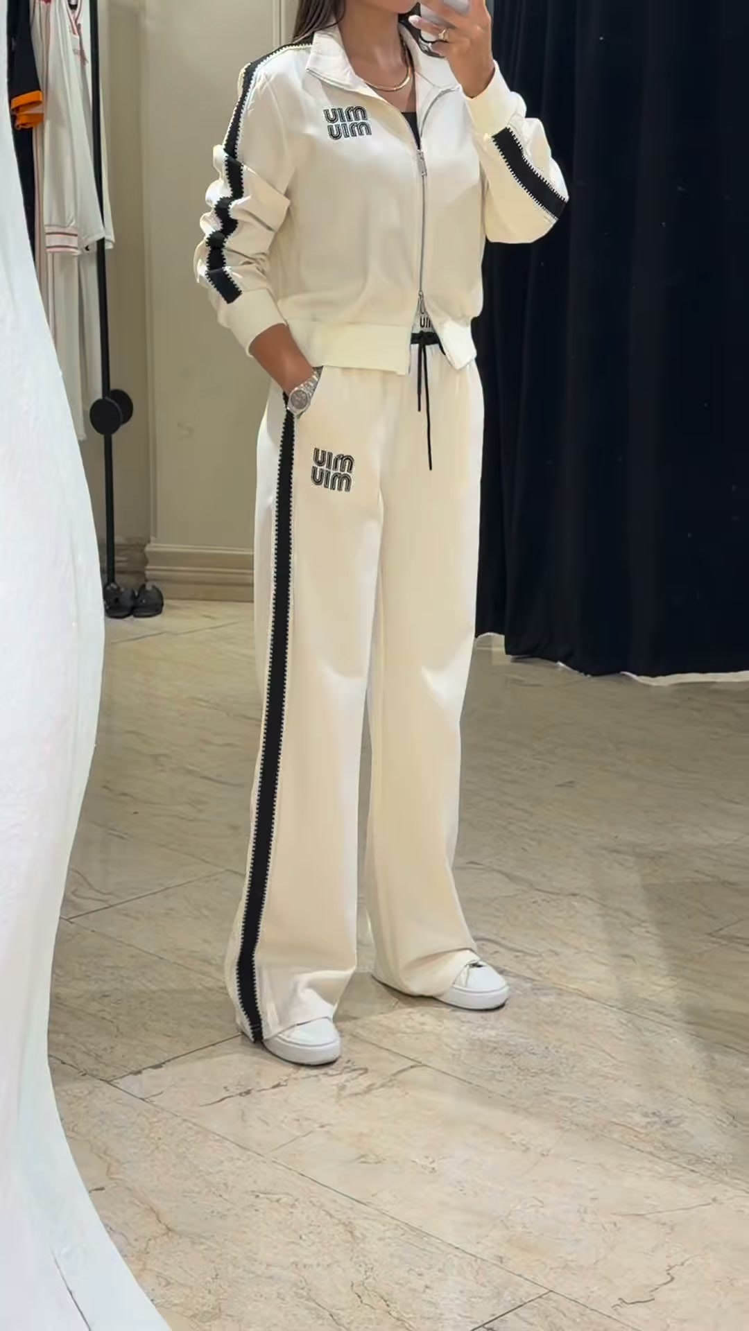 Women's Contrast Stripe Zip-Up Track Jacket and Wide Leg Pants Two-Piece Set