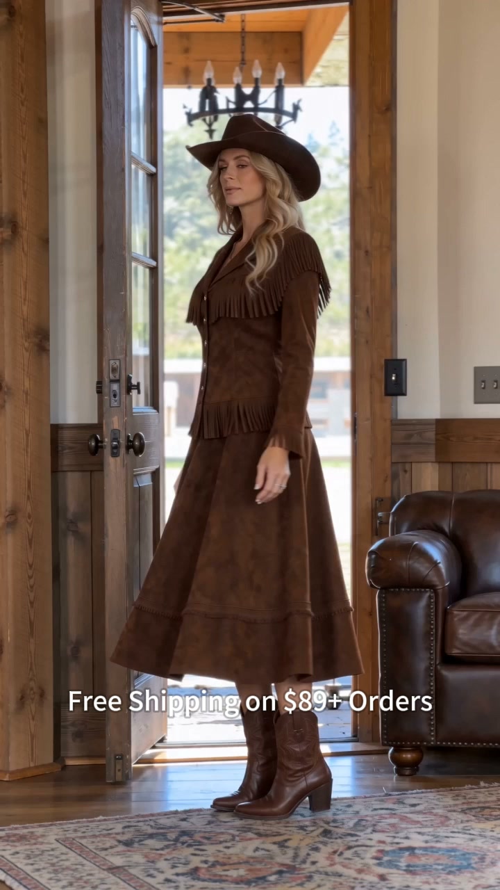Saddle Brown Multi-Layer Fringe Suede Midi Dress
