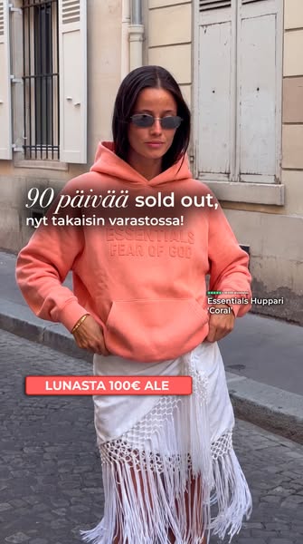 Essentials-huppari 'Coral' oli loppuunmyyty 90 päivää. Nyt se on takaisin varastossa – ja 100€ edullisemmin.