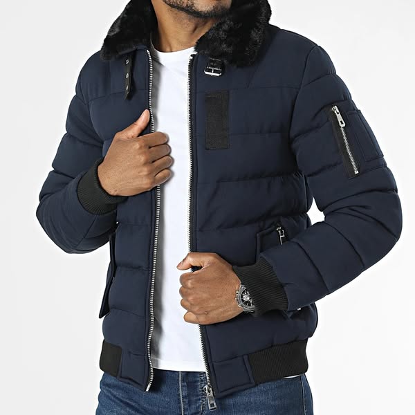 Kymaxx - Piumino Collo Pelliccia Blu Navy - Ryses