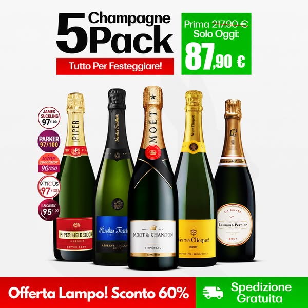 Selezione di 5 Champagne: Bollinger Special Cuvée, Veuve Clicquot Brut, Moët & Chandon Impérial Brut, Taittinger Brut Réserve e Laurent-Perr