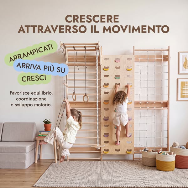 7-in-1 Parete da Arrampicata per Bambini: Spalliera, Prese, Rete, Sbarra Trazioni e Set Altalena 3in1