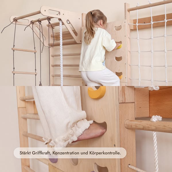 7-in-1 Kletterwand fürs Kinderzimmer mit Sprossenwand, Kletternetz, Klimmzugstange & (3in1) Kinderschaukel-Set