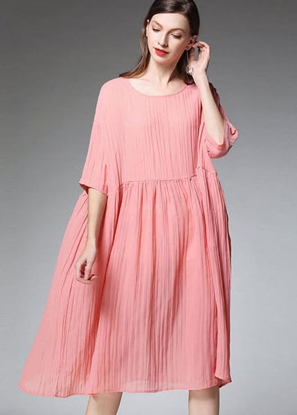 Elegant Pink Wrinkled Pockets Summer Dress Half Sleeve Khaki-M(Fit for EU 40-42, US 8-10, UK/AU 12-14, IT 44-46)