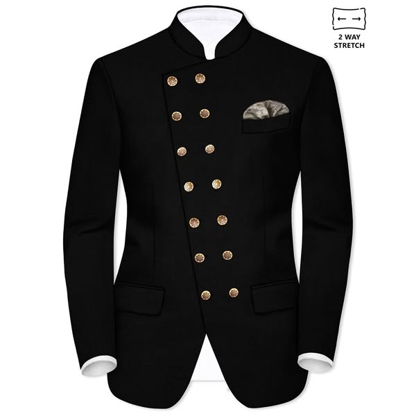 Just $185.91 | Jade Black Stretchable Subtle Sheen Cross Placket Doble Closure Bandhgala/Mandarin Blazer