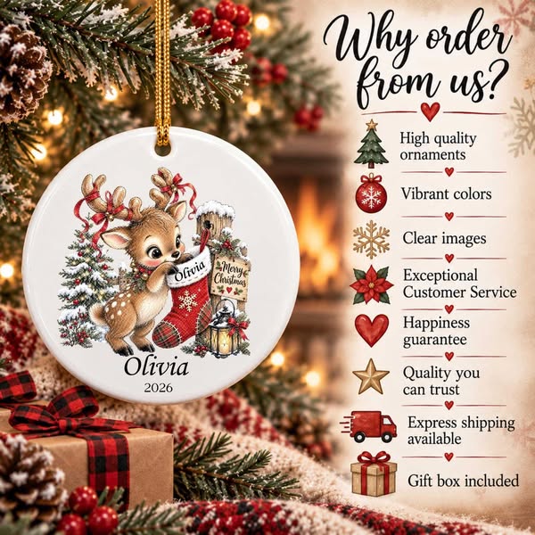 Personalized Girl Christmas Ornament, Bow Reindeer Ornament, Baby Girl First Christmas
