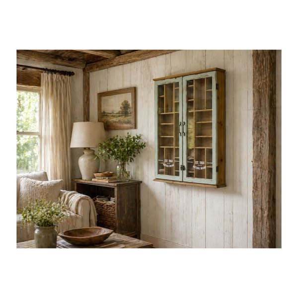 Sage Green Glazed Wall Display Cabinet – Rustic Pigeonhole Storage Unit